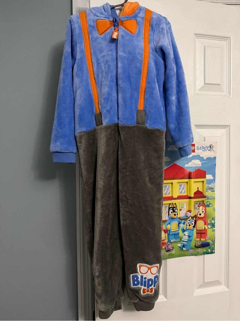 Plush zip up Blippi costume with hood
